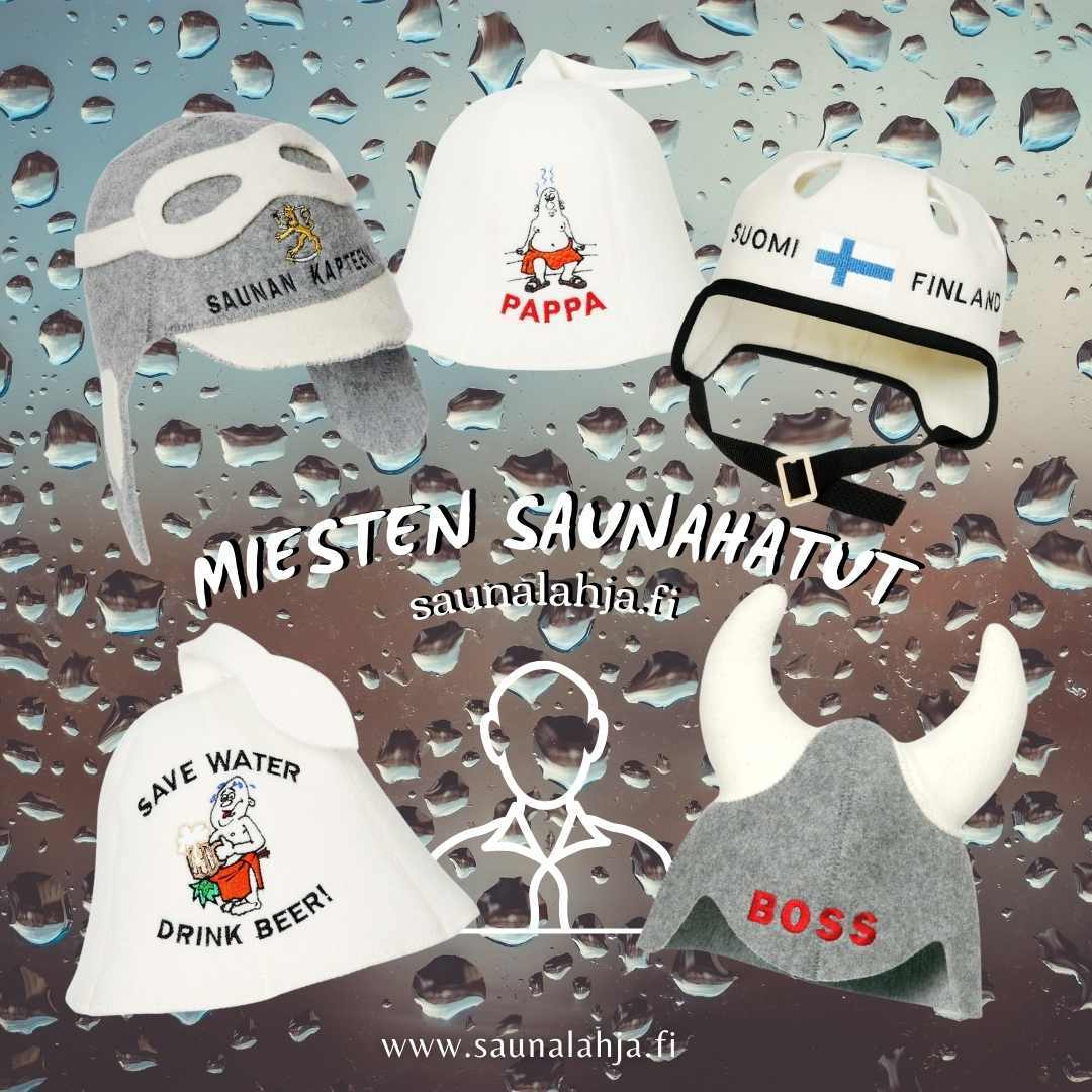 MIESTEN-saunahatut-saunamyssy-paljuhattu-saunatarvikkeet-saunalahja.fi
